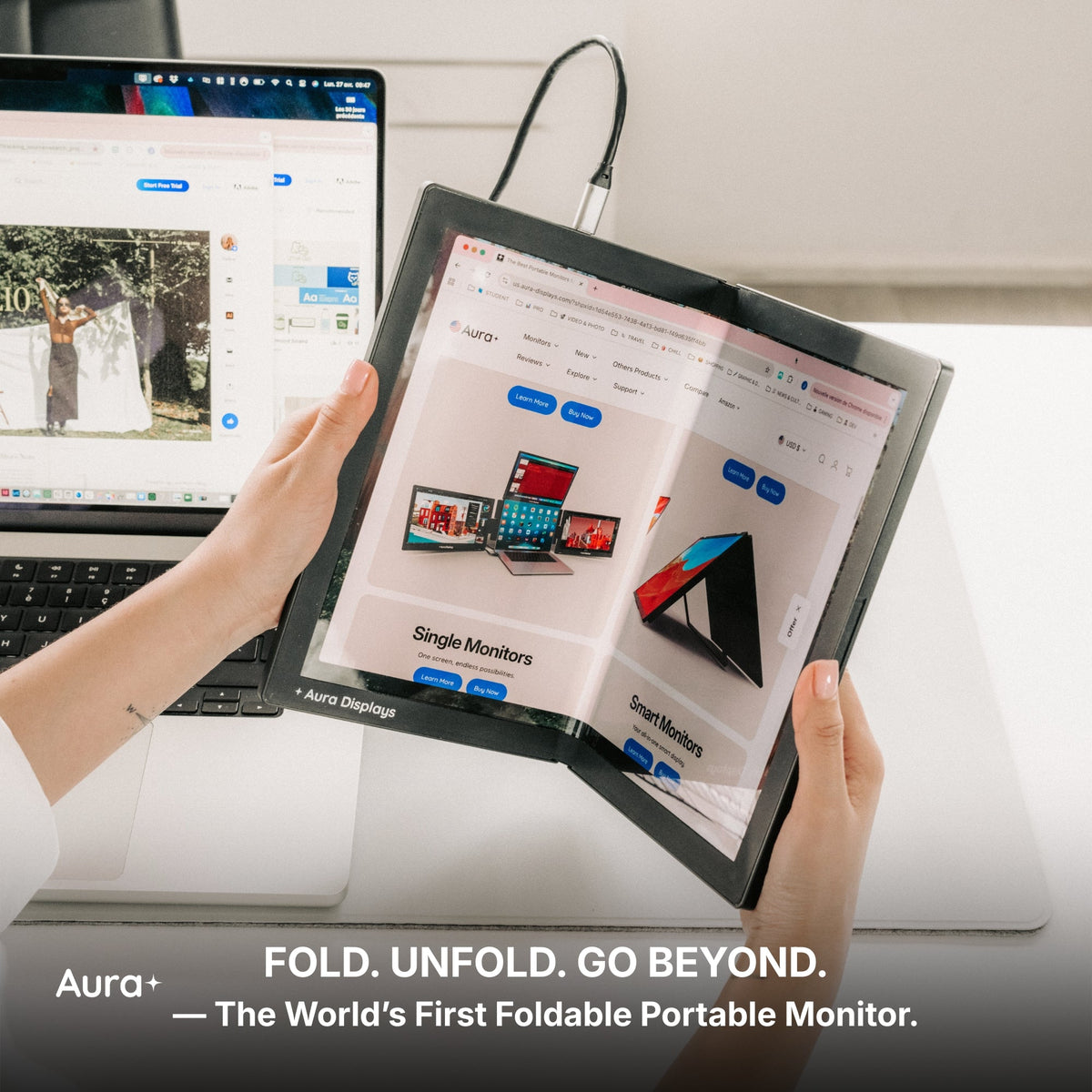 Aura Displays Single Flex Pro portable monitor folded in half