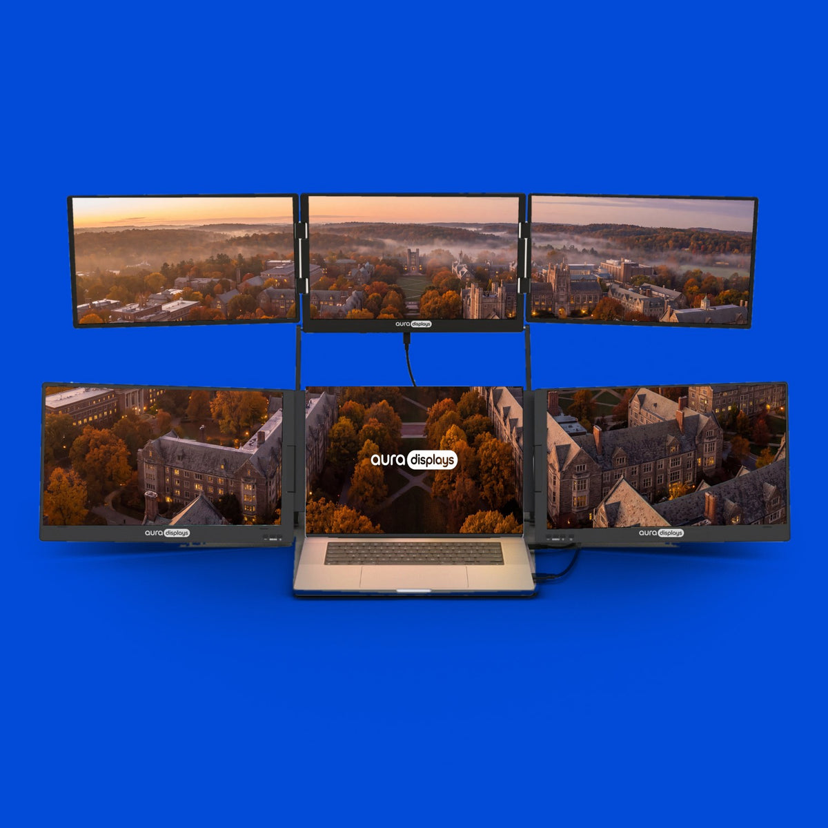 Back to School Campus wallpaper shown across six Aura Displays screens with a laptop