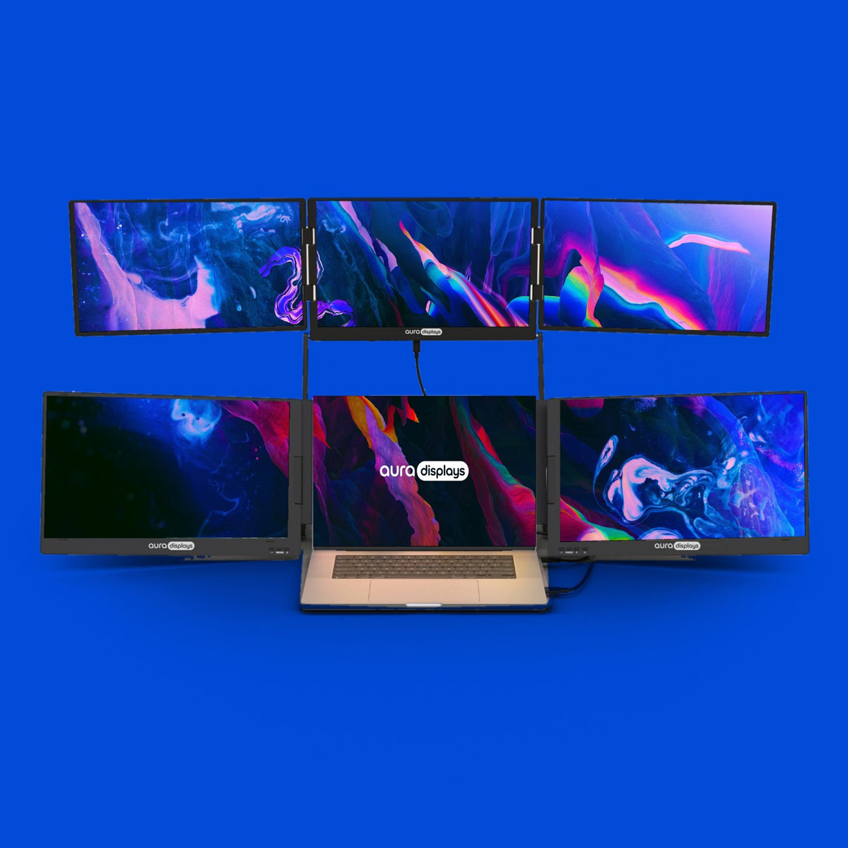 Colorful Digital Art wallpaper shown across six Aura Displays screens with a laptop