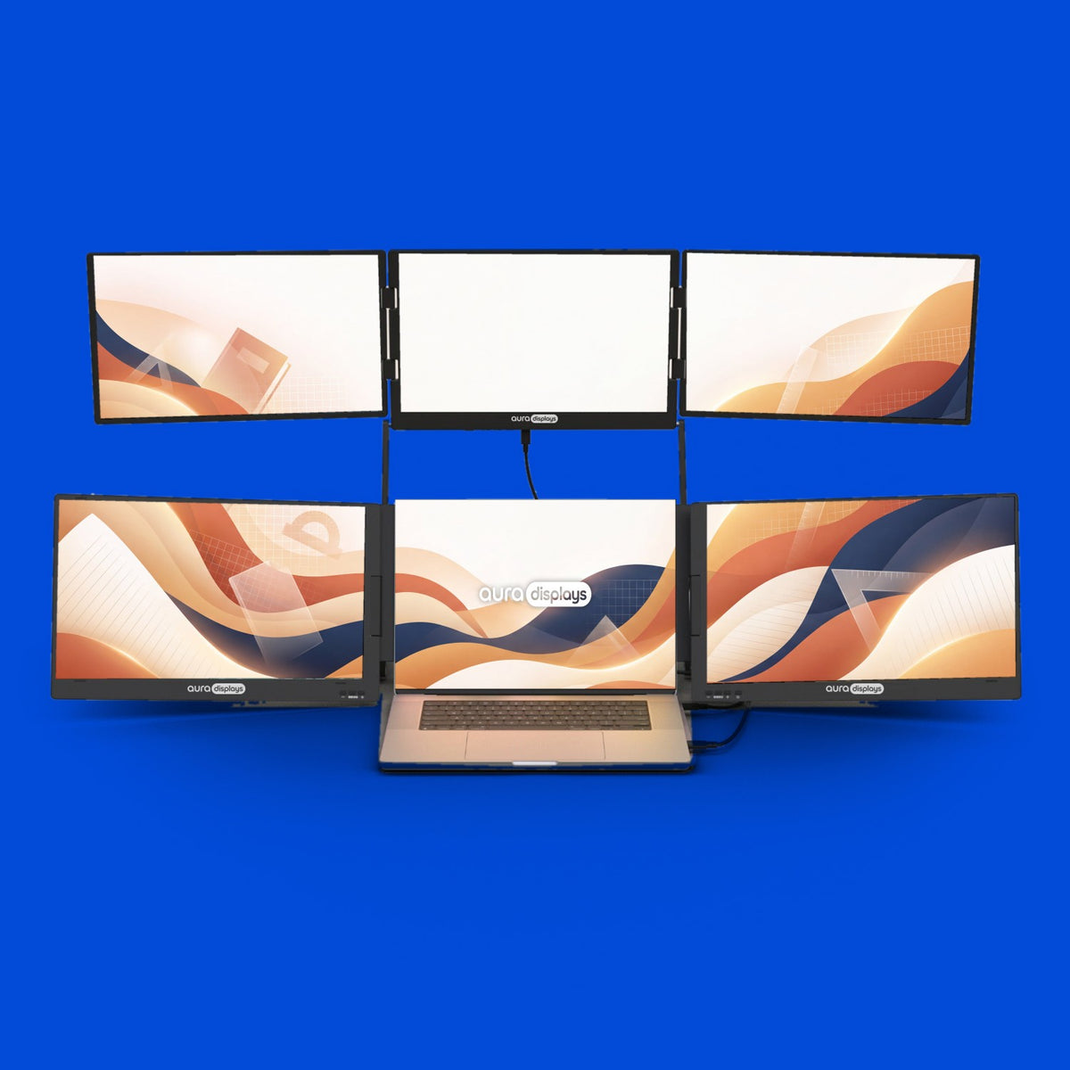 Back to School Waves wallpaper shown across six Aura Displays screens with a laptop